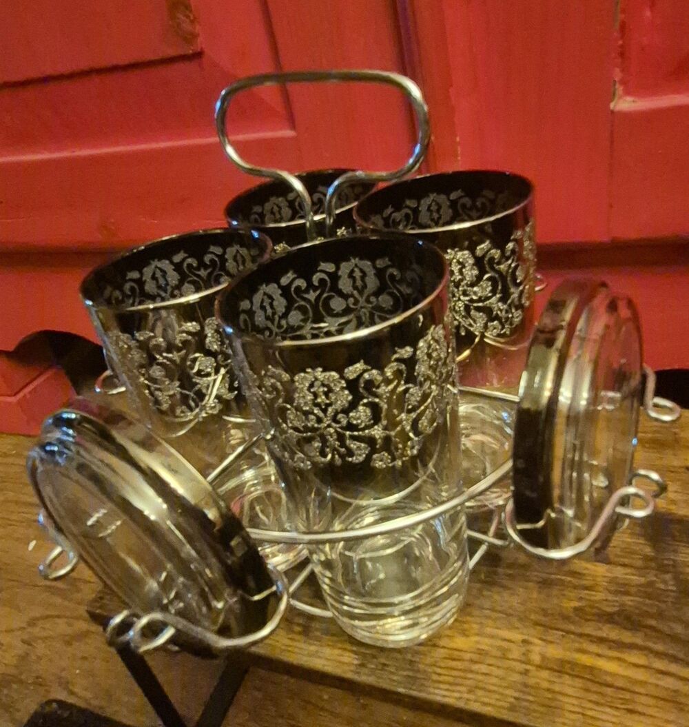 MCM Queens Lusterware Silver Fade Highball Glasses Coasters Wire Caddy Set 9 Pc